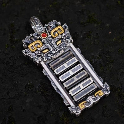 [6-Yao Divination Pendant]National trend ethnic style pendant; Brass plated with silver pendant; Retro engraved rotating I-Ching 64 hexagram necklace