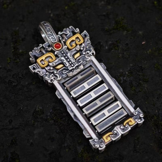 [6-Yao Divination Pendant]National trend ethnic style pendant; Brass plated with silver pendant; Retro engraved rotating I-Ching 64 hexagram necklace