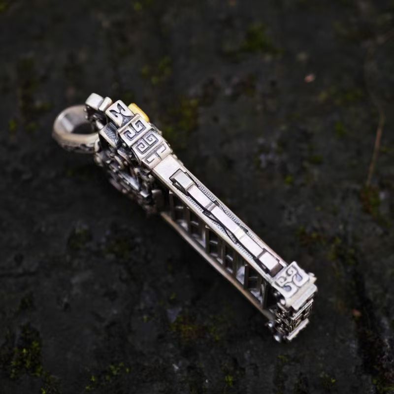 [6-Yao Divination Pendant]National trend ethnic style pendant; Brass plated with silver pendant; Retro engraved rotating I-Ching 64 hexagram necklace